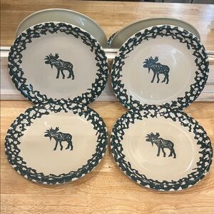 4 FOLK CRAFT Tienshan Moose Country DESSERT Plates Green Sponge pattern